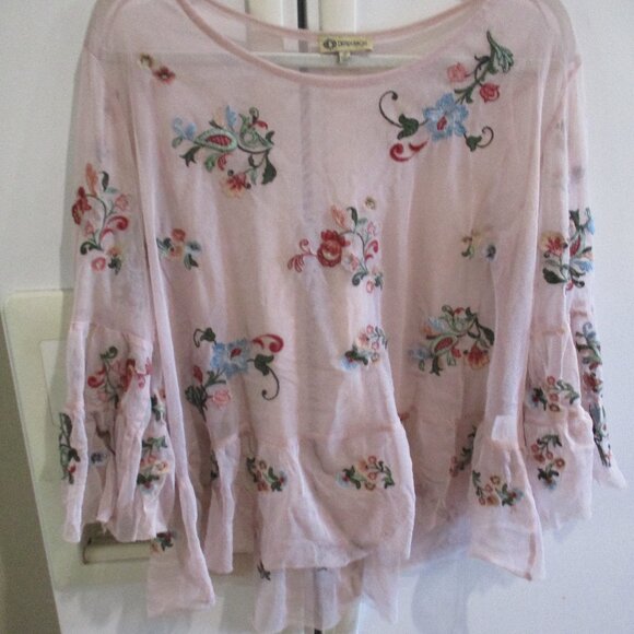 Democracy Dusty Pink Sheer Embroidered Ruffle Floral Top - Sz Large boho mesh - Picture 1 of 3